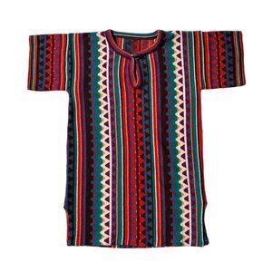 70s vintage boho sweater top short sleeve toggle abstract stripe hippy pattern.